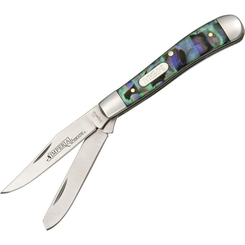 Imperial Schrade 19PRT Small Trapper Folding Pocket Knife With Purple And Abalone Swirl Celluloid Handle 3 Imperial Schrade 19PRT Small Trapper Folding Pocket Knife With Purple And Abalone Swirl Celluloid Handle